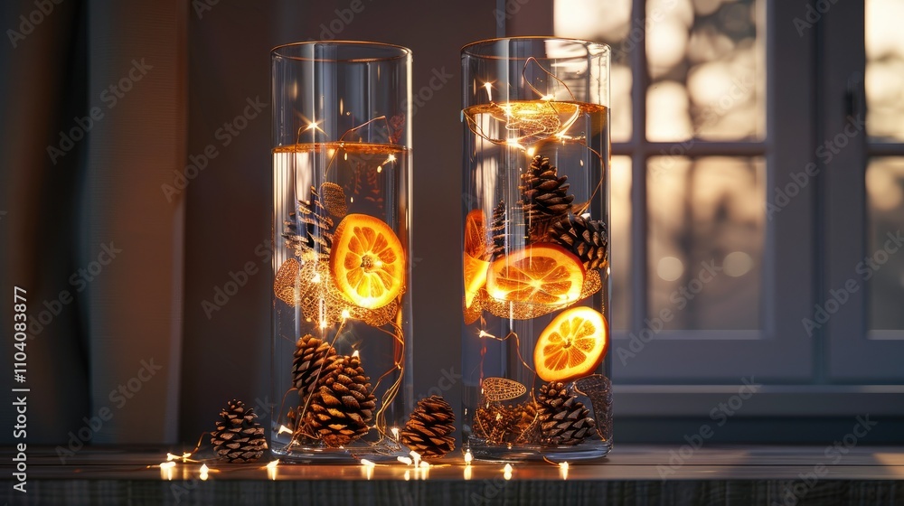 Two tall glass vases filled with pine cones and orange slices Two tall glass vases filled with pine cones and orange slices
