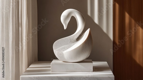 Fototapeta Naklejka Na Ścianę i Meble -  Elegant white marble swan sculpture on pedestal,  illuminated by natural light in modern interior design.
