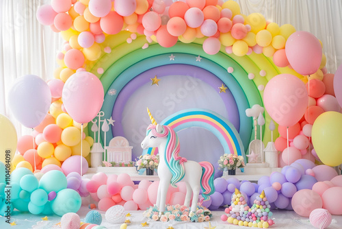  Pastel Balloon Arch with Unicorns and Rainbow for a Magical Party