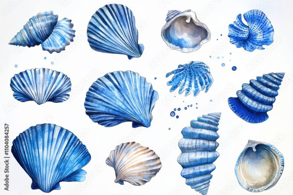 A vibrant collection of blue seashells, showcasing various shapes and textures in a watercolor style. A vibrant collection of blue seashells, showcasing various shapes and textures in a watercolor style.