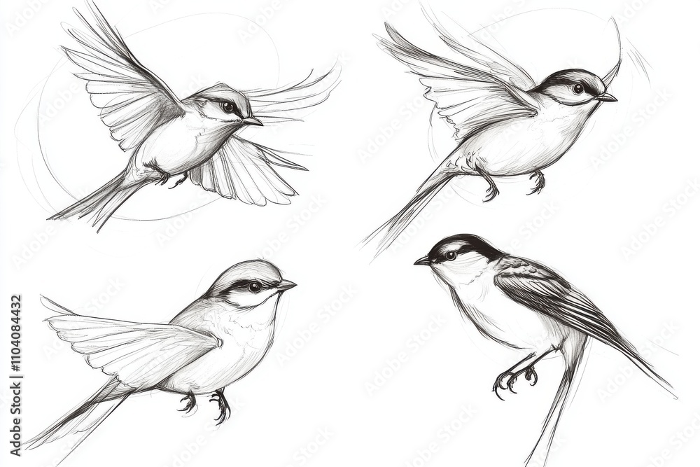 Four detailed sketches of various birds in flight and perched, showcasing intricate feather details and poses. Four detailed sketches of various birds in flight and perched, showcasing intricate feather details and poses.