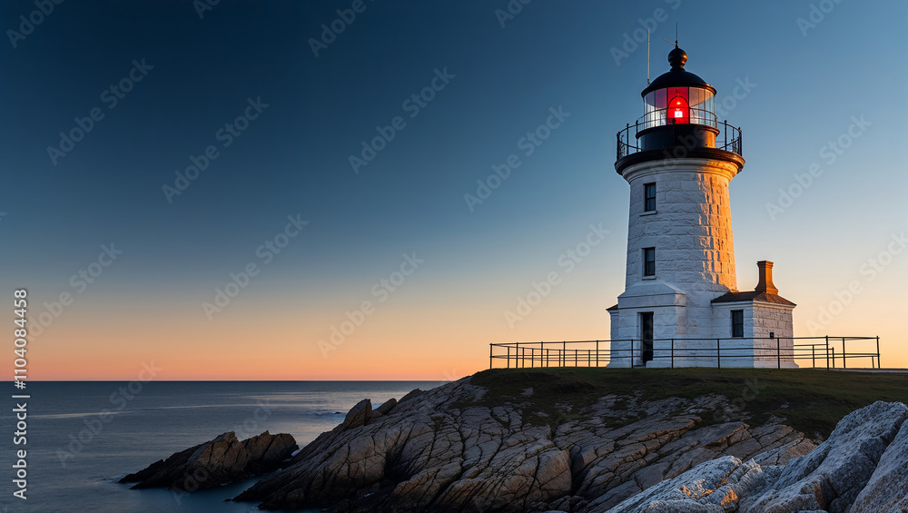 Dusk falls over lighthouse standing sentinel on rocky cliff Dusk falls over lighthouse standing sentinel on rocky cliff