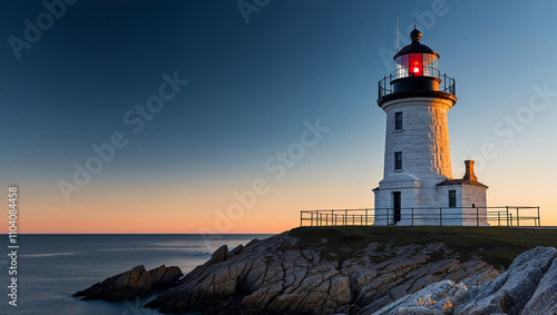 Dusk falls over lighthouse standing sentinel on rocky cliff