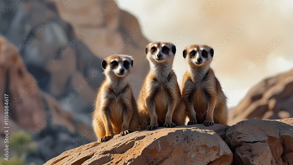 Fototapeta premium Group of meerkats standing on a rocky outcrop.