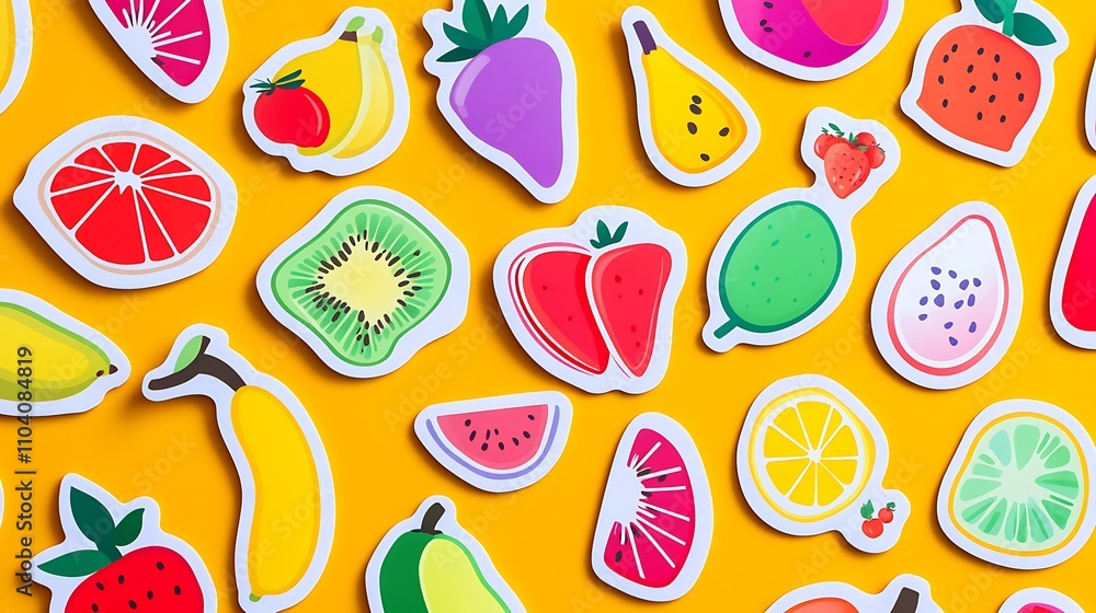 Fun fruit-themed stickers with bright, playful designs Fun fruit-themed stickers with bright, playful designs