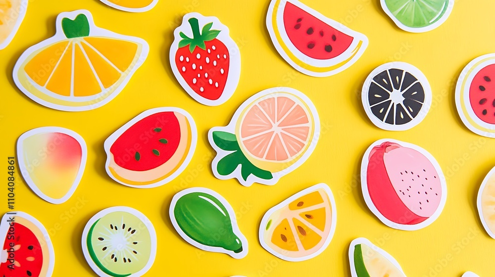 Fun fruit-themed stickers with bright, playful designs Fun fruit-themed stickers with bright, playful designs