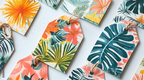 Die-cut tags with tropical-themed patterns and bold outlines photo