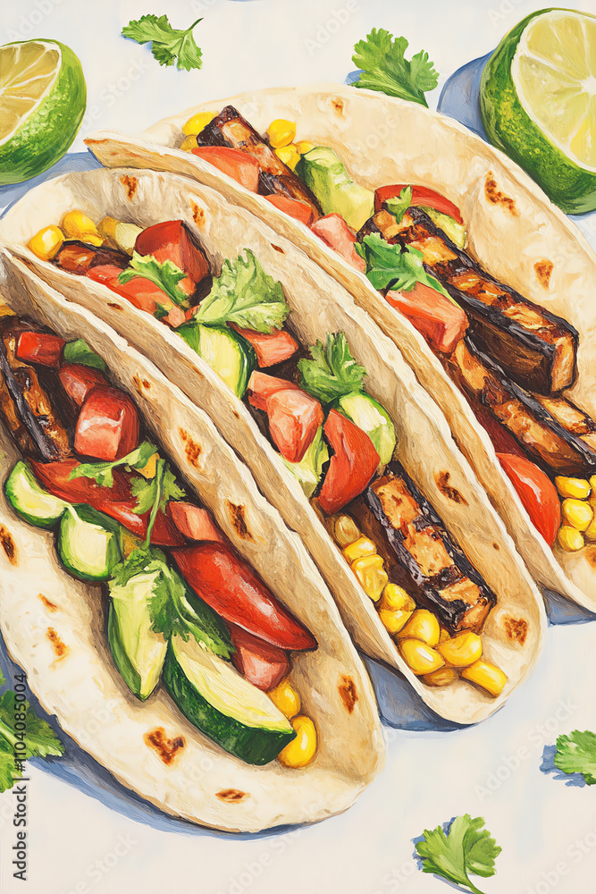 Closeup of a soft taco filled with grilled vegetables, surrounded by vibrant accents, ultrarealistic Closeup of a soft taco filled with grilled vegetables, surrounded by vibrant accents, ultrarealistic