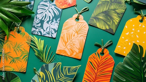 Die-cut tags with tropical-themed patterns and bold outlines photo