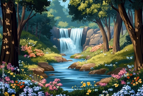A serene landscape featuring a vibrant waterfall surrounded by lush greenery and colorful wildflowers.