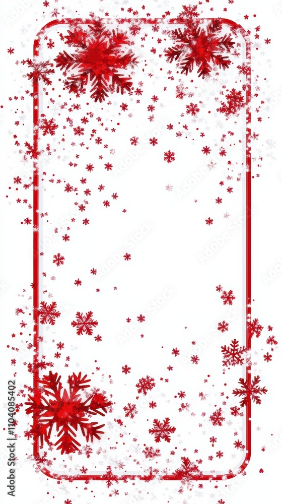 Winter label with red snowflake borders on white background