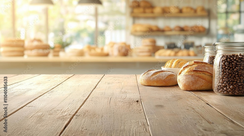 Rustic bakery counter with fresh bread, pastries, and coffee beans in jars, warm natural light Rustic bakery counter with fresh bread, pastries, and coffee beans in jars, warm natural light