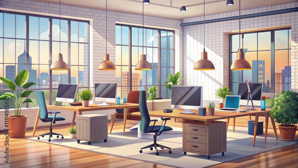Modern and Bright Office Interior with Large Windows, Stylish Furniture and Green Plants, Ideal for Productivity and Creative Work Environment Modern and Bright Office Interior with Large Windows, Stylish Furniture and Green Plants, Ideal for Productivity and Creative Work Environment