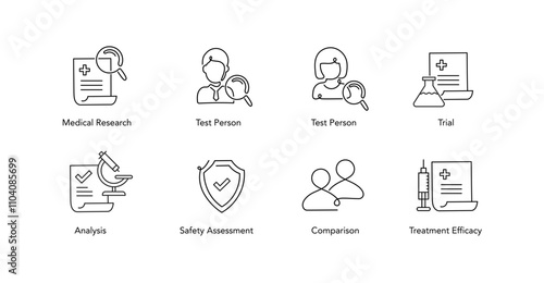 Clinical Trial and Research Icons. Clinical trial, Medical research, Researcher Participant, Control group, Data analysis
Efficacy, Safety, and Healthcare.