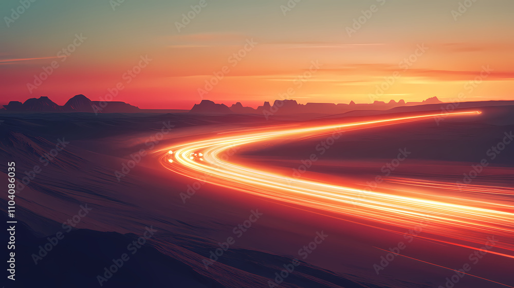 Cars leaving light trails in the desert as the sun sets, creating an otherworldly glow, glow, desert. Otherworldly. Illustration Cars leaving light trails in the desert as the sun sets, creating an otherworldly glow, glow, desert. Otherworldly. Illustration