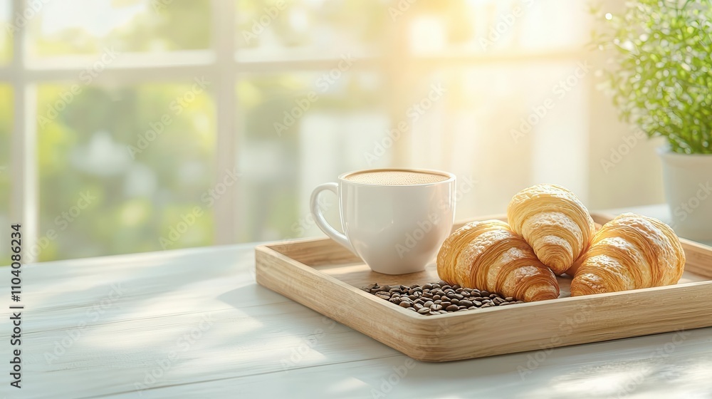 Wooden tray with croissants, a coffee cup, and coffee beans, soft shadows, inviting bakery scene Wooden tray with croissants, a coffee cup, and coffee beans, soft shadows, inviting bakery scene