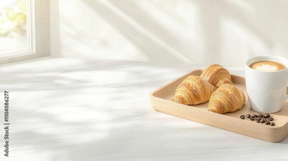 Wooden tray with croissants, a coffee cup, and coffee beans, soft shadows, inviting bakery scene Wooden tray with croissants, a coffee cup, and coffee beans, soft shadows, inviting bakery scene