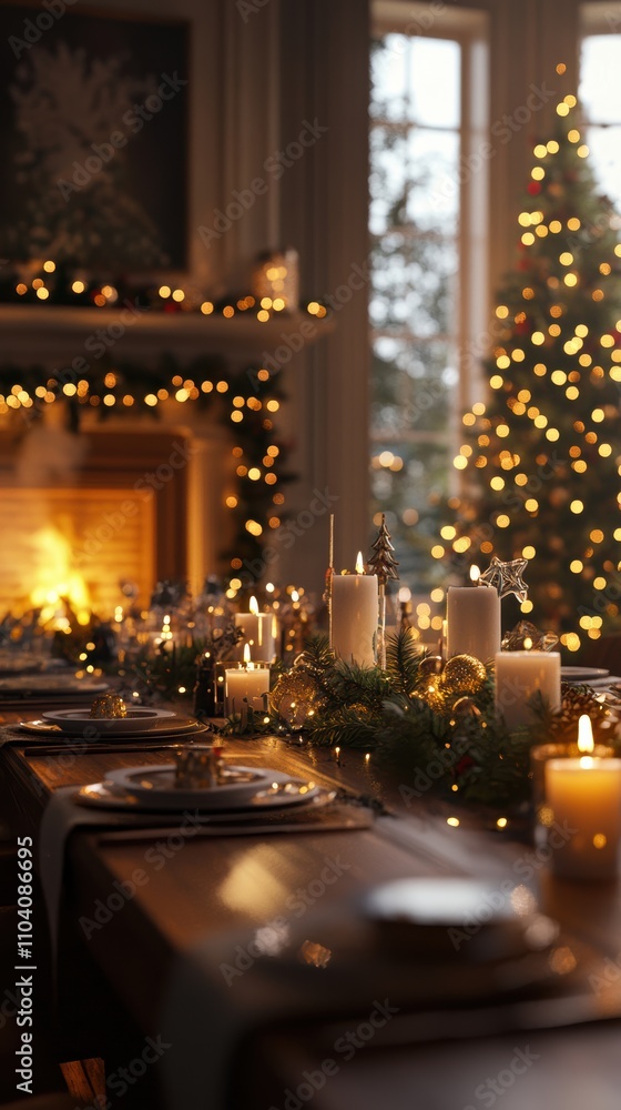 Elegant holiday dinner table setting with candles and christmas tree Elegant holiday dinner table setting with candles and christmas tree