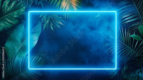 A vibrant backdrop featuring glowing blue neon light framed by tropical leaves and a smoky ambiance, Ideal for use in promotional materials, social media posts, or events that exude a modern photo