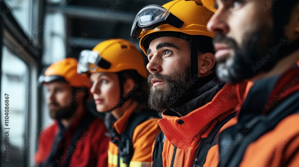 Close-up of four rescue workers wearing helmets and protective gear, looking intently in one direction, emphasizing teamwork and readiness. Close-up of four rescue workers wearing helmets and protective gear, looking intently in one direction, emphasizing teamwork and readiness.