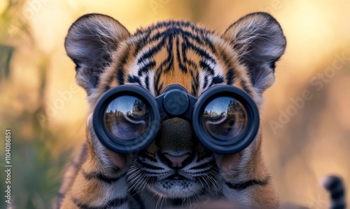 Curious Tiger Cub with Binoculars on Nature Adventure