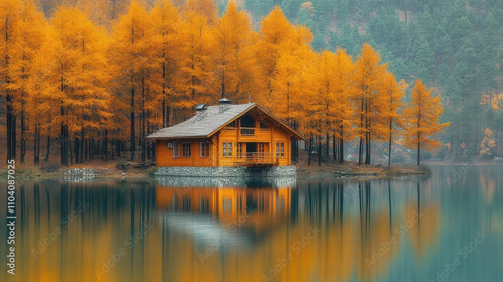 Fototapeta premium A serene cabin surrounded by vibrant autumn trees reflecting in a calm lake.