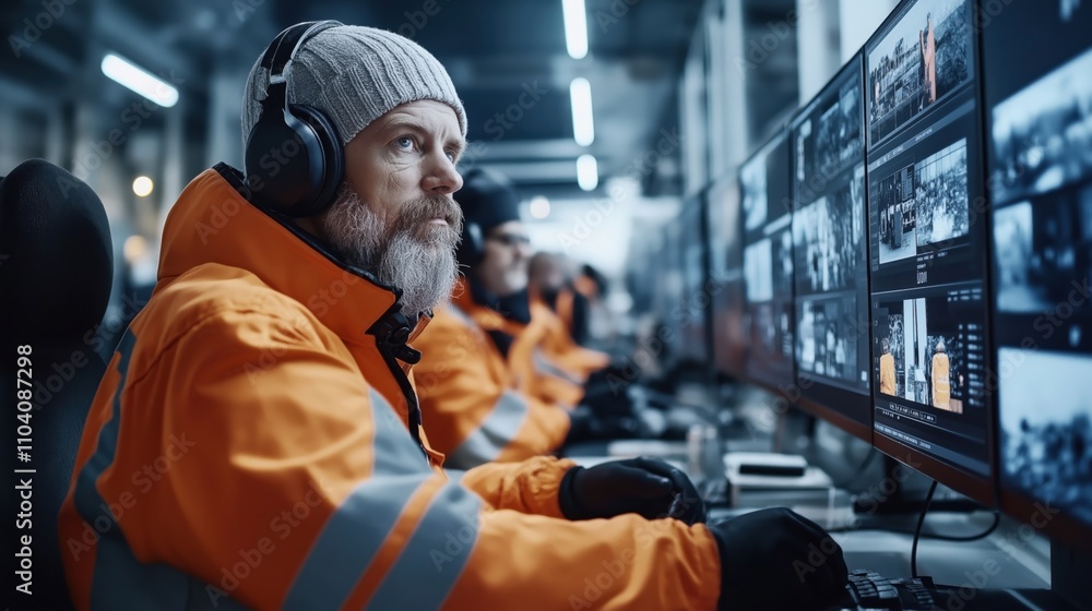 Workers in reflective orange jackets monitoring multiple screens in a surveillance room, focused on security footage, wearing headphones and winter hats. Workers in reflective orange jackets monitoring multiple screens in a surveillance room, focused on security footage, wearing headphones and winter hats.