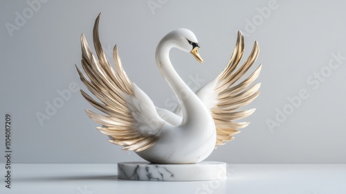 Fototapeta Naklejka Na Ścianę i Meble -  Elegant white swan sculpture with gold wings on marble base.