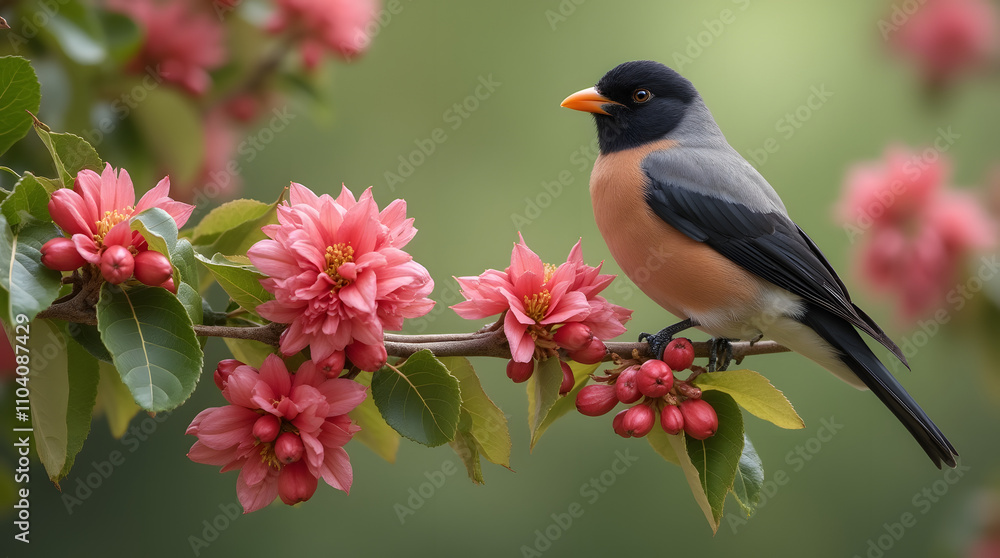 Fototapeta premium A beautiful little bird sits on a tree with pink blossoms and berries. A bird with an orange beak and belly sits on a tree.