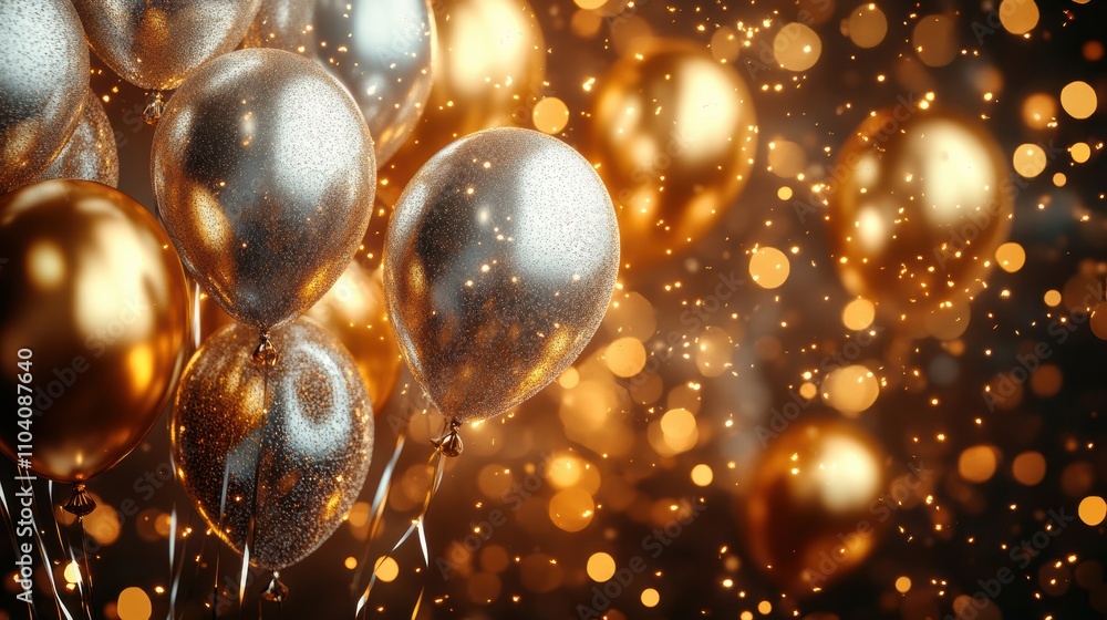 Golden and silver party scene with confetti and warm lighting Golden and silver party scene with confetti and warm lighting