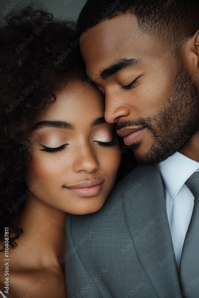 A loving couple stands close with closed eyes, faces relaxed and content, embodying love, unity, and peace, capturing a soulful and serene moment. A loving couple stands close with closed eyes, faces relaxed and content, embodying love, unity, and peace, capturing a soulful and serene moment.