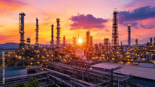 Wallpaper Mural A vibrant sunset over an industrial complex, showcasing towering smokestacks and intricate piping against a colorful sky. Torontodigital.ca