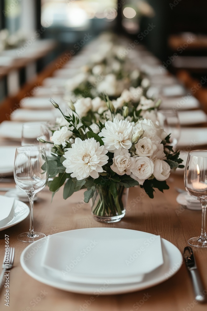A beautifully set wedding table adorned with white floral arrangements, crisp white plates, and crystal glassware, creating an elegant and sophisticated ambiance. A beautifully set wedding table adorned with white floral arrangements, crisp white plates, and crystal glassware, creating an elegant and sophisticated ambiance.