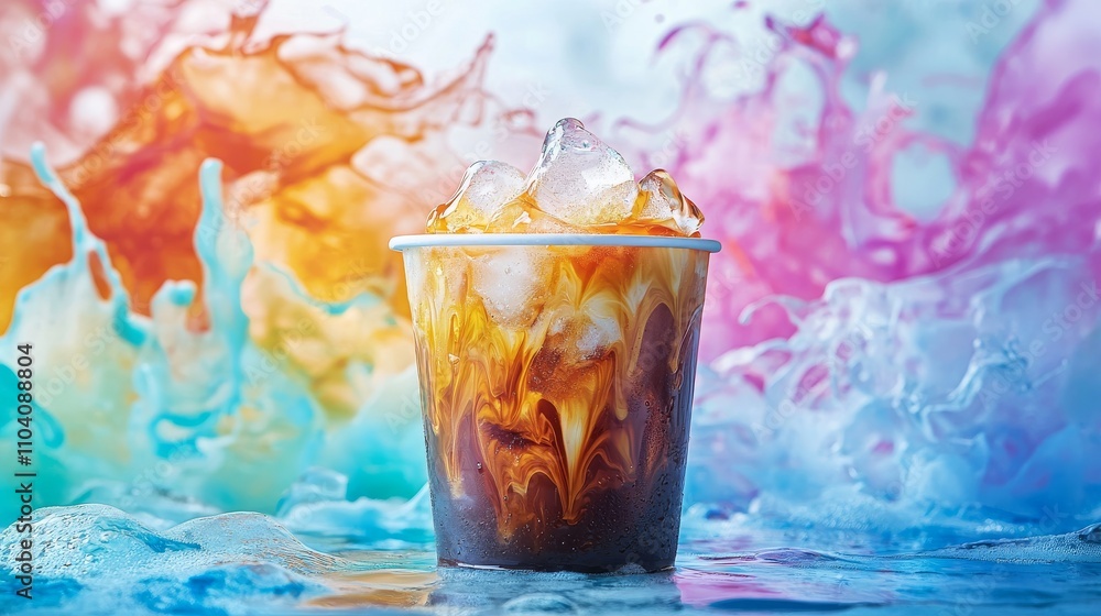 A vibrant cup of iced coffee sits amidst colorful splashes of water, creating a refreshing and artistic scene. A vibrant cup of iced coffee sits amidst colorful splashes of water, creating a refreshing and artistic scene.