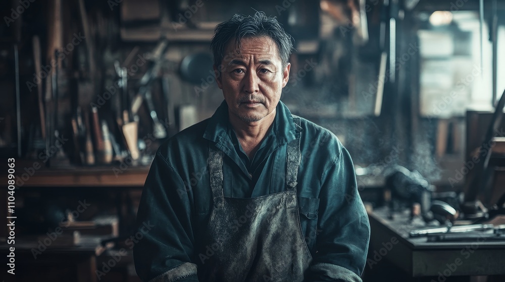 Japanese swordsmith in Seki workshop portrait photography in cinematic style Japanese swordsmith in Seki workshop portrait photography in cinematic style