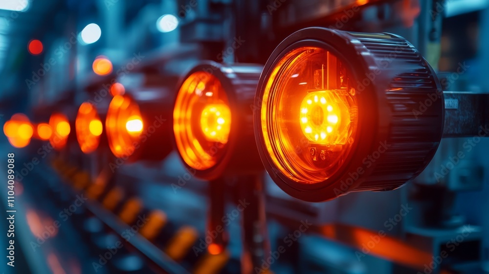 A close-up of glowing orange lights in a dark industrial setting, creating a vibrant yet moody atmosphere. A close-up of glowing orange lights in a dark industrial setting, creating a vibrant yet moody atmosphere.