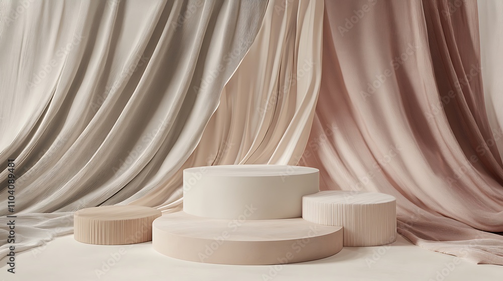 Elegant podium surrounded by flowing silk textures in muted tones Elegant podium surrounded by flowing silk textures in muted tones