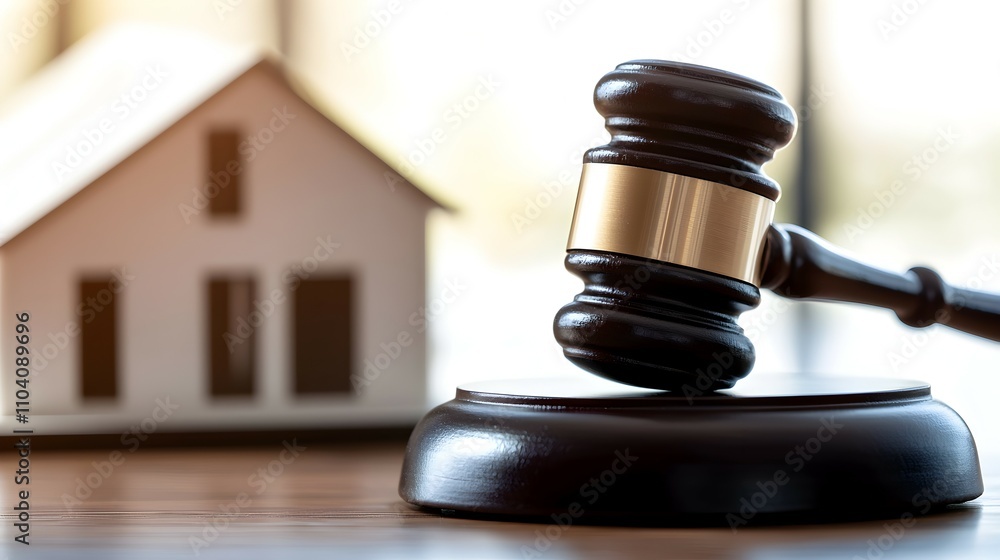 Justice and Property Classic Wooden Gavel with Model House on Courtroom Table - Symbolizing Law and Real Estate Ownership in a Minimalistic Setting Justice and Property Classic Wooden Gavel with Model House on Courtroom Table - Symbolizing Law and Real Estate Ownership in a Minimalistic Setting