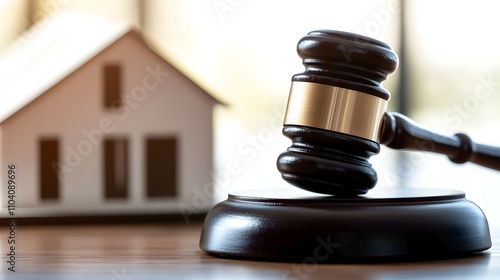 Wallpaper Mural Justice and Property Classic Wooden Gavel with Model House on Courtroom Table - Symbolizing Law and Real Estate Ownership in a Minimalistic Setting Torontodigital.ca