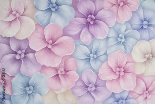 A colorful arrangement of pastel flowers in various shades, creating a soft, decorative pattern.