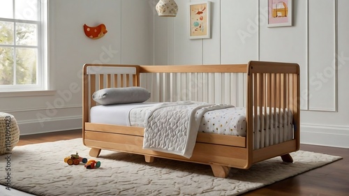 A crib is a secure and essential piece of furniture designed for infants and toddlers, providing them with a safe and comfortable place to sleep. Typically made of sturdy materials like wood or metal,