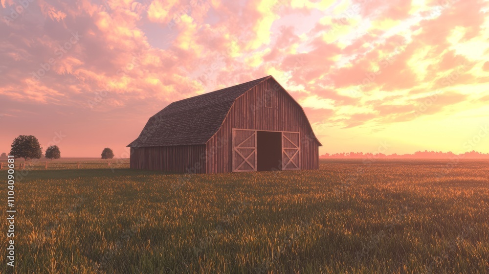 Majestic Old Barn at Sunset with Hayloft Window Casting Long Shadows - Ultra-Detailed Rural Landscape Scene Majestic Old Barn at Sunset with Hayloft Window Casting Long Shadows - Ultra-Detailed Rural Landscape Scene