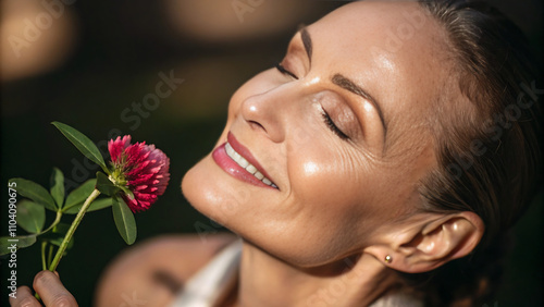 Joyful mature woman with silver hair and radiant skin holding a pink clover flower near her face, set against a pastel blue background. A vibrant beauty portrait celebrating natural elegance and welln photo