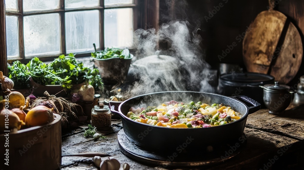 Rustic Steaming Vegetable Casserole in Cozy Kitchen Rustic Steaming Vegetable Casserole in Cozy Kitchen