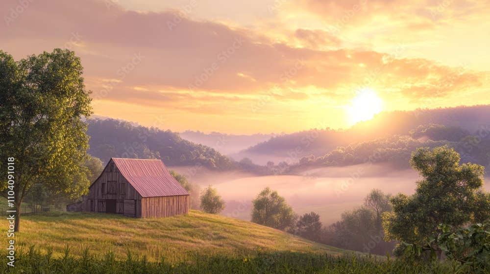 Golden Morning Glow: Photorealistic Barn on Hill Overlooking Misty Valley at Sunrise Golden Morning Glow: Photorealistic Barn on Hill Overlooking Misty Valley at Sunrise
