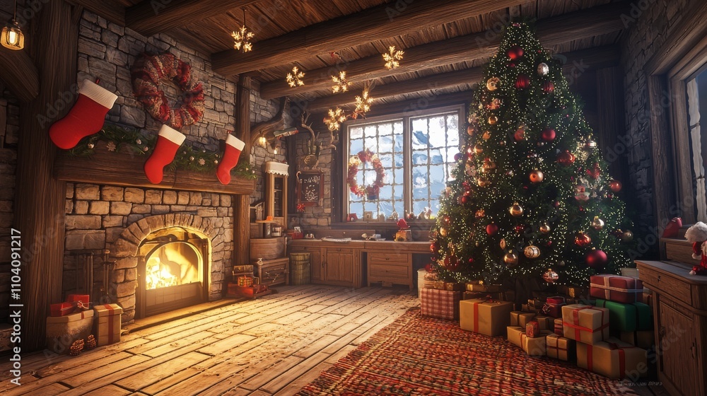 A cozy, festive room adorned with a Christmas tree, stockings, and gifts, creating a warm holiday atmosphere by the fireplace. A cozy, festive room adorned with a Christmas tree, stockings, and gifts, creating a warm holiday atmosphere by the fireplace.