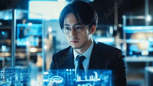 Japanese engineer in lab examining digital prototype