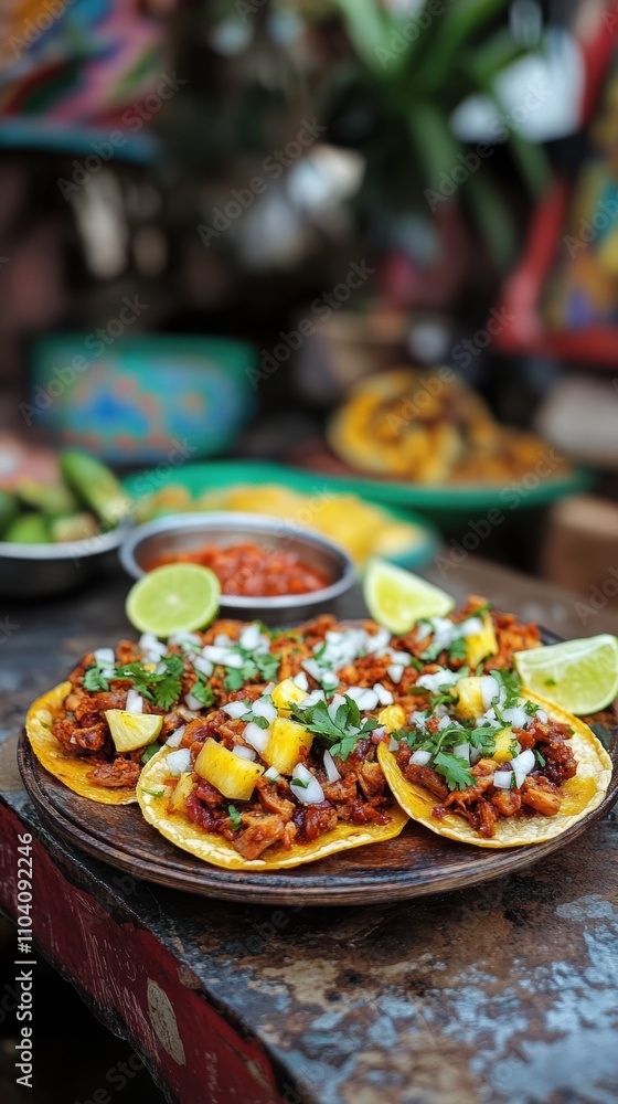 Fresh tacos al pastor with onion cilantro and pineapple on stand Fresh tacos al pastor with onion cilantro and pineapple on stand