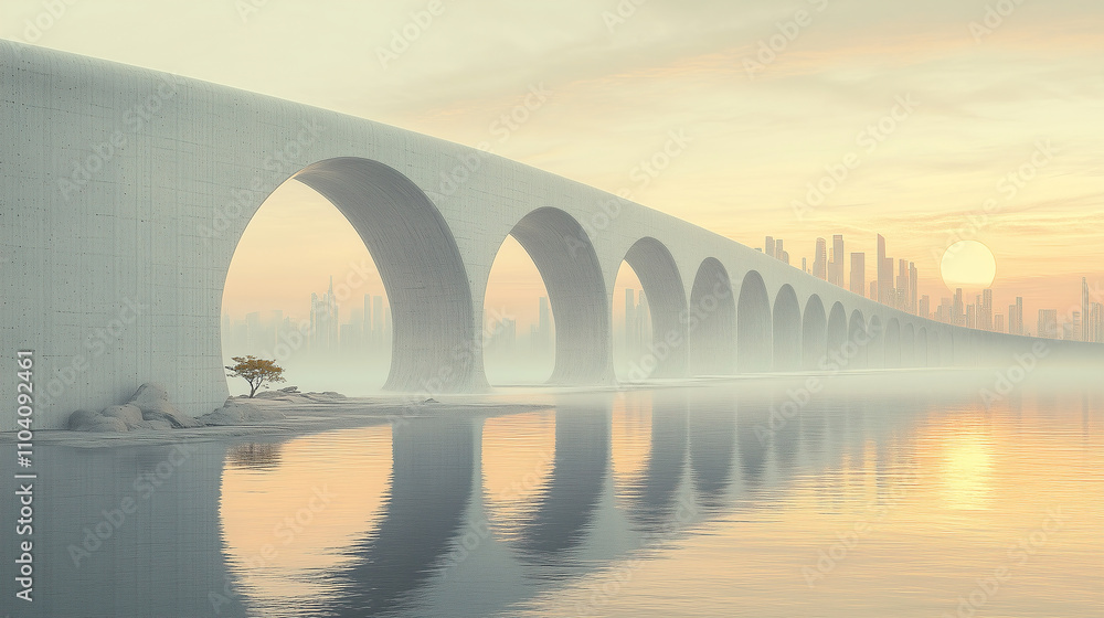 Obraz premium Artistic depiction of a large, modern bridge reflected in a calm water body at sunrise near a city skyline. Generative AI
