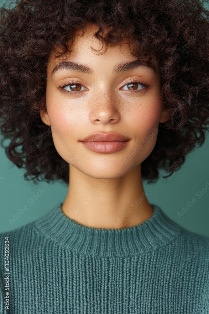 A woman with curly hair and freckles smiles softly, donning a textured green sweater, set against a calming green background, evoking natural beauty. A woman with curly hair and freckles smiles softly, donning a textured green sweater, set against a calming green background, evoking natural beauty.